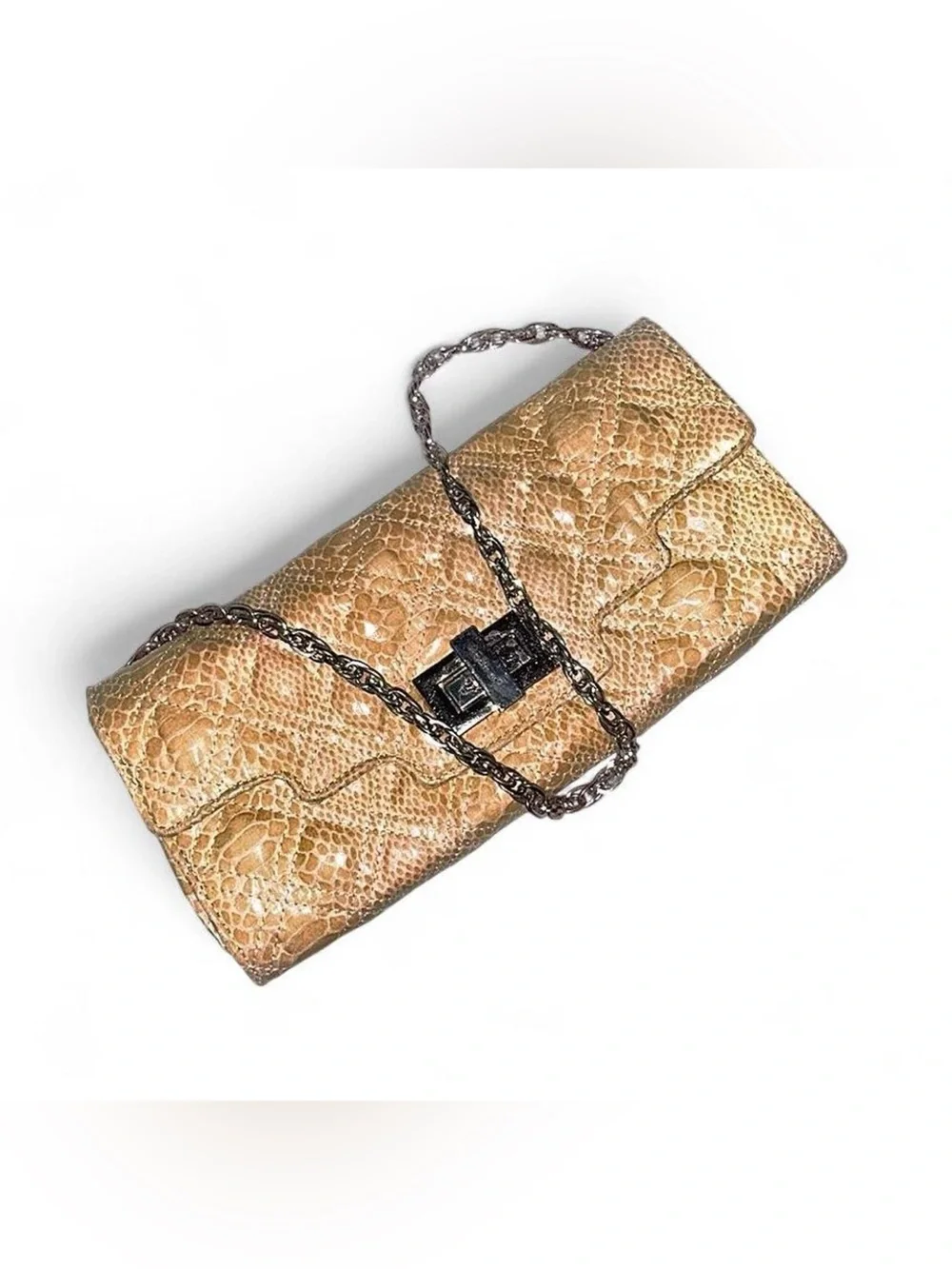 Sondra Robert’s Tan -Textured Snake Print Chain Clutch - Women Bags.